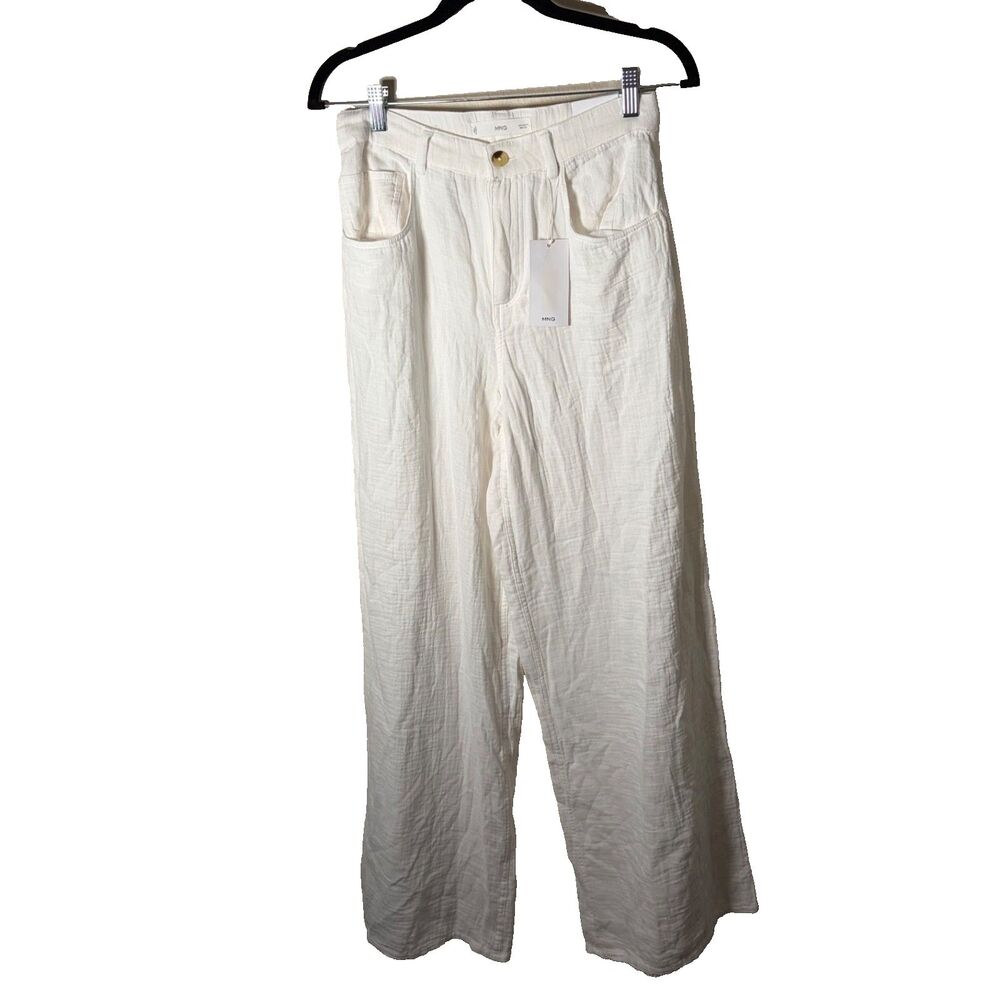 MNG Pants Women's Small Ivory Gauze Straight Leg Pocket Cream Casual